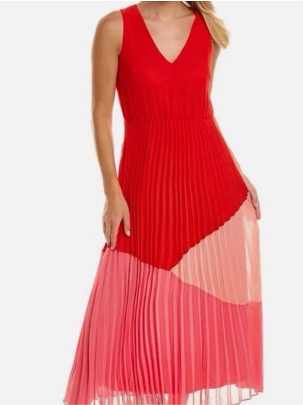 Taylor Red and Pink Pleated V‑Neck Maxi Dress